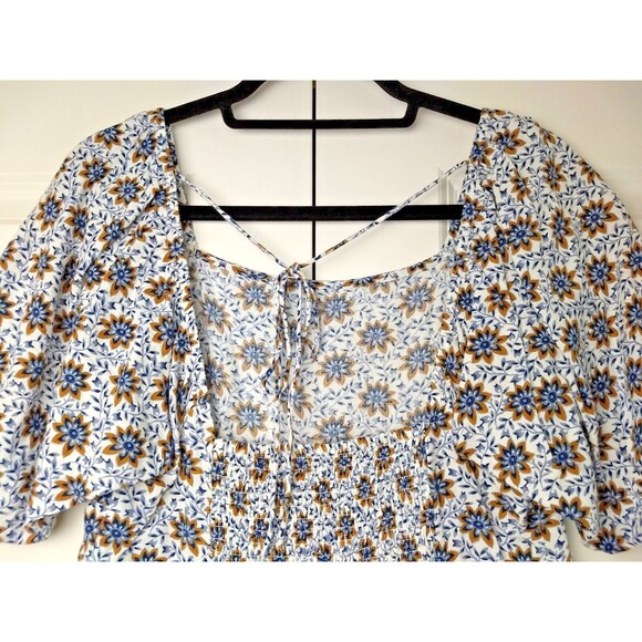 LOFT BEACH Sundress Womens Small Cream Blue Boho Coverup Dress Abstract Floral - Picture 9 of 13